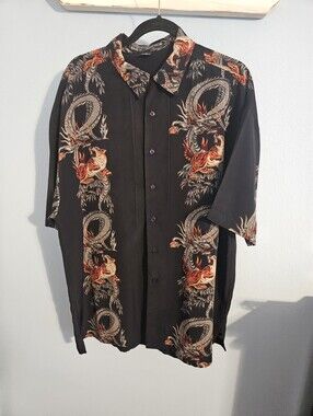 Mens Button Down Black Short-Sleeve Shirt with Orange and Cream Dragon Motif